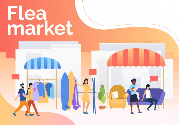 626x439 Flea Market Lettering, People Selling Clothes And Skis Outdoors