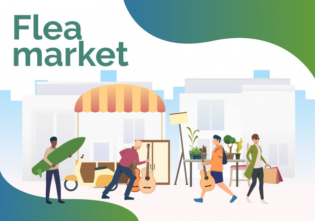 626x439 Flea Market Lettering, People Shopping And Walking Outdoors Vector