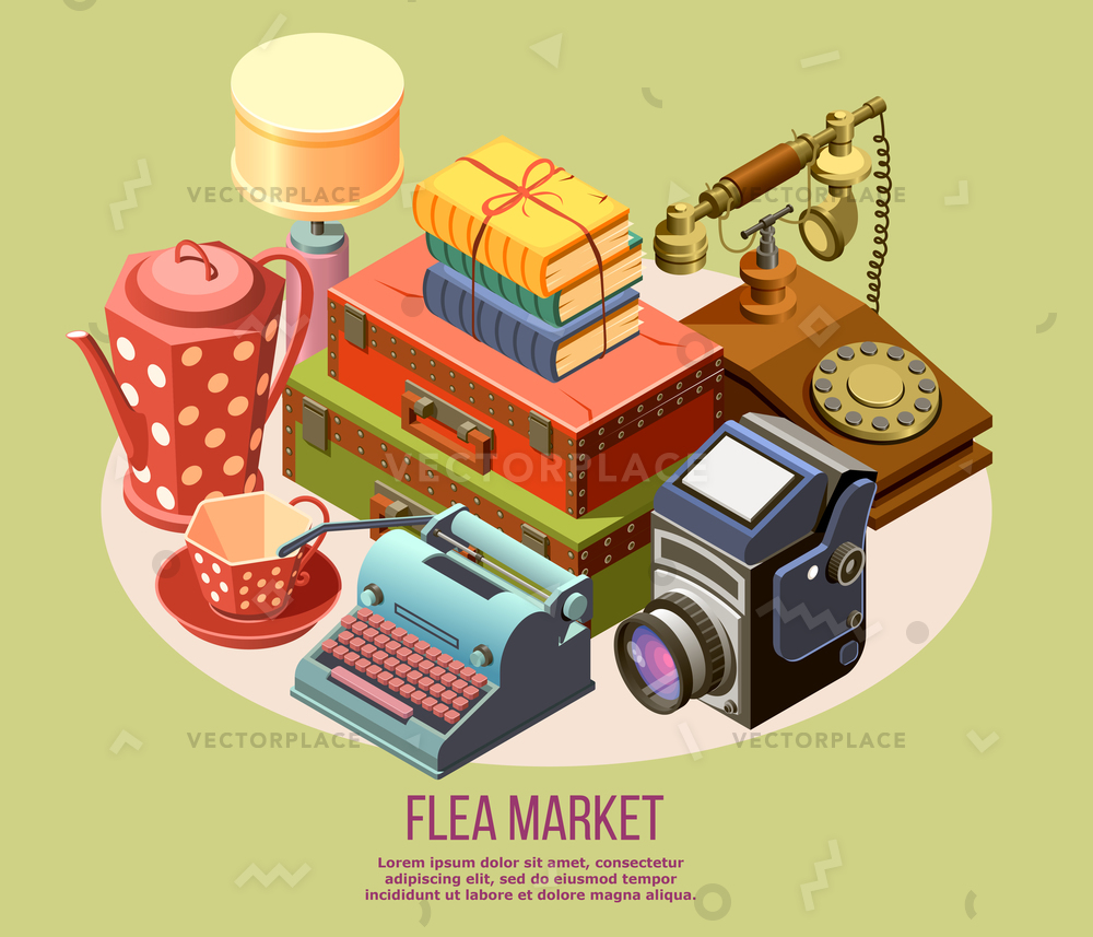 Vintage Goods From Flea Market Isometric Vector Illustration 1000x857 Vintage Goods From Flea Market Isometric Vector Illustration