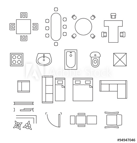 479x500 Furniture Linear Vector Symbols Floor Plan Icons Set