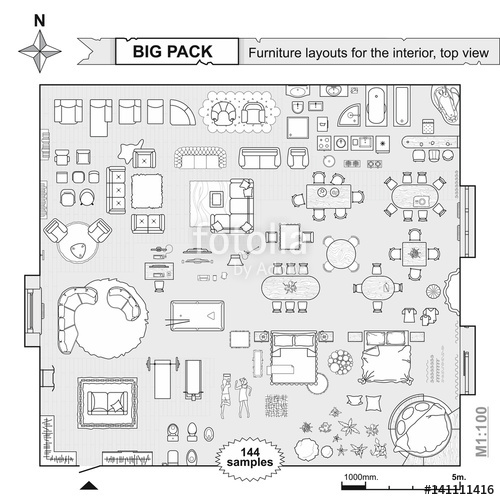 500x500 Architecture Plan With Furniture In Top View Set Top View