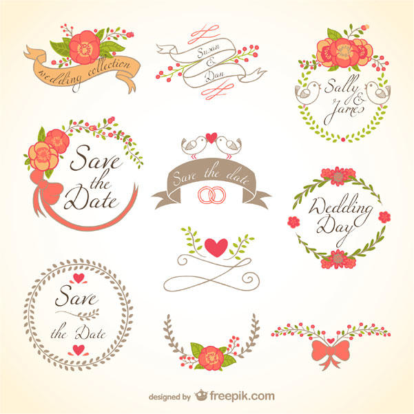 601x601 Floral Wedding Decorations Badges, Banners Vector Art