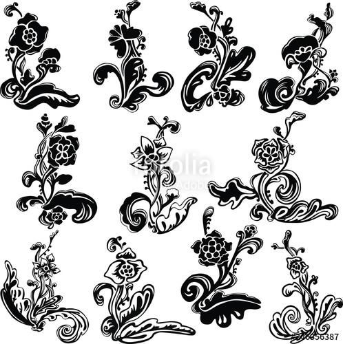 498x500 Abstract Silhouettes Of Blossom Flower With Leaves Swirl Floral