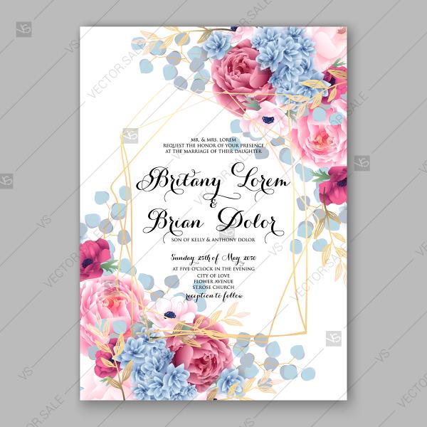Pink Peony, Blue Hydrangea, Eucalyptus Floral Wedding Invitation 600x600 Pink Peony, Blue Hydrangea, Eucalyptus Floral Wedding Invitation