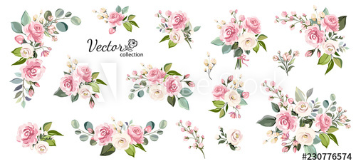 Set Of Floral Branch Flower Pink Rose, Green Leaves Wedding 500x230 Set Of Floral Branch Flower Pink Rose, Green Leaves Wedding