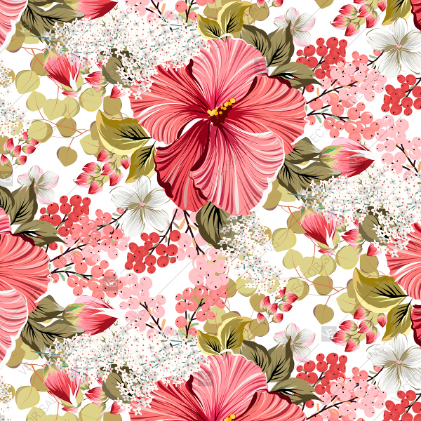 600x600 Seamless Hibiscus Floral Pattern Vector Background Of Watercolor
