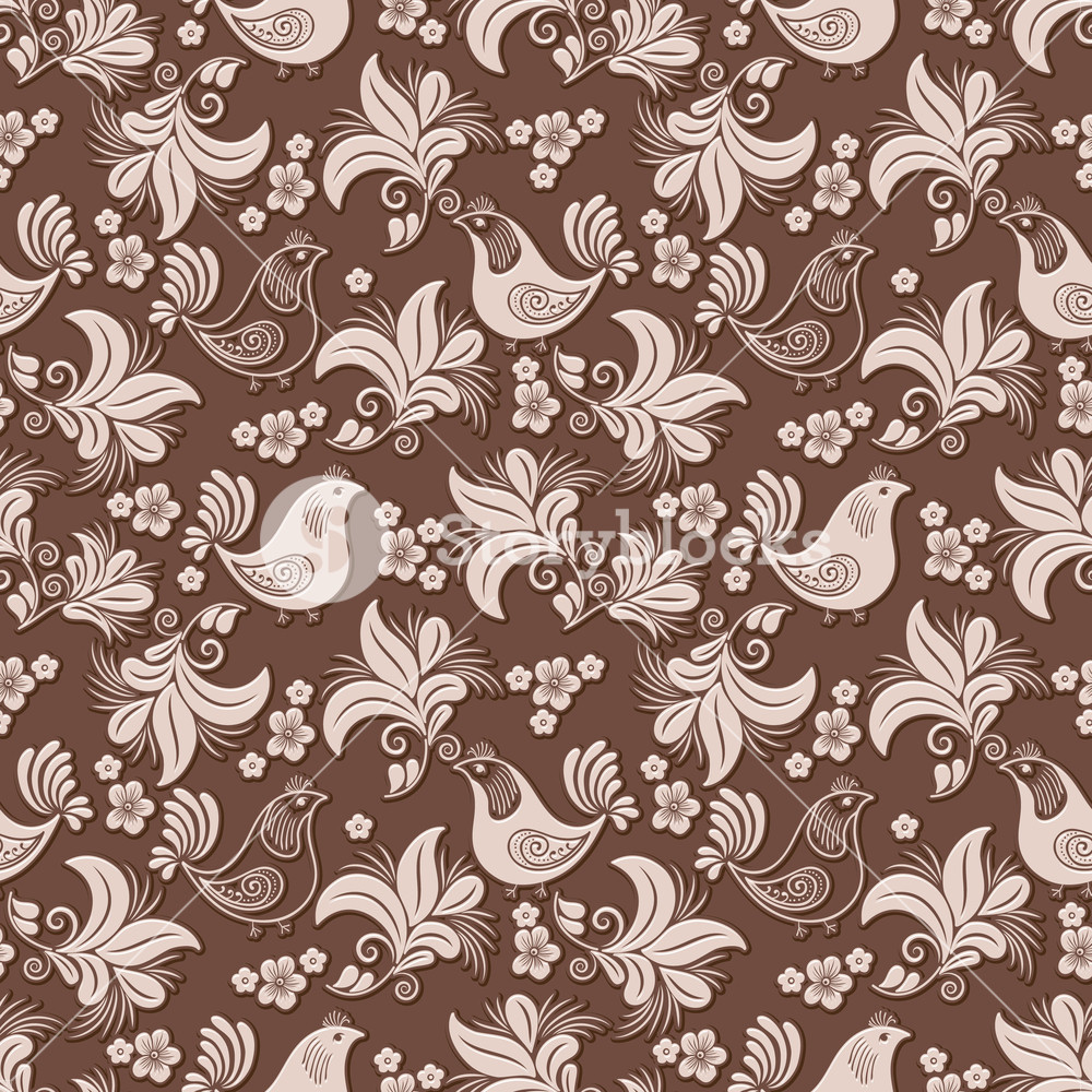 1000x1000 Vector Volumetric Flower, Bird Seamless Pattern Background