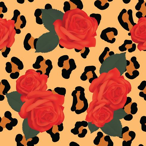490x490 Seamless Leopard Skin With Red Roses Background Vector Animal