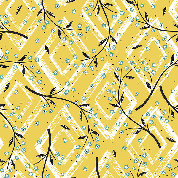 600x600 Rhombus Paint Brush Strokes With Flowers Seamless Pattern Vector