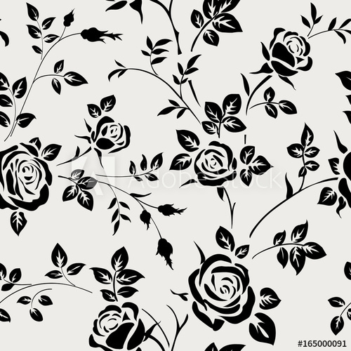 500x500 Seamless Pattern With Black Rose Silhouette On White Background