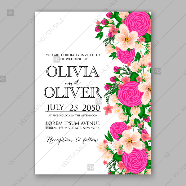 Magenta Pink Rose Wedding Invitation Vector Floral Marriage 600x600 Magenta Pink Rose Wedding Invitation Vector Floral Marriage