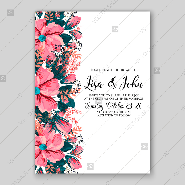 Pink Petunia Floral Wedding Invitation Vector Illustration Card 600x600 Pink Petunia Floral Wedding Invitation Vector Illustration Card