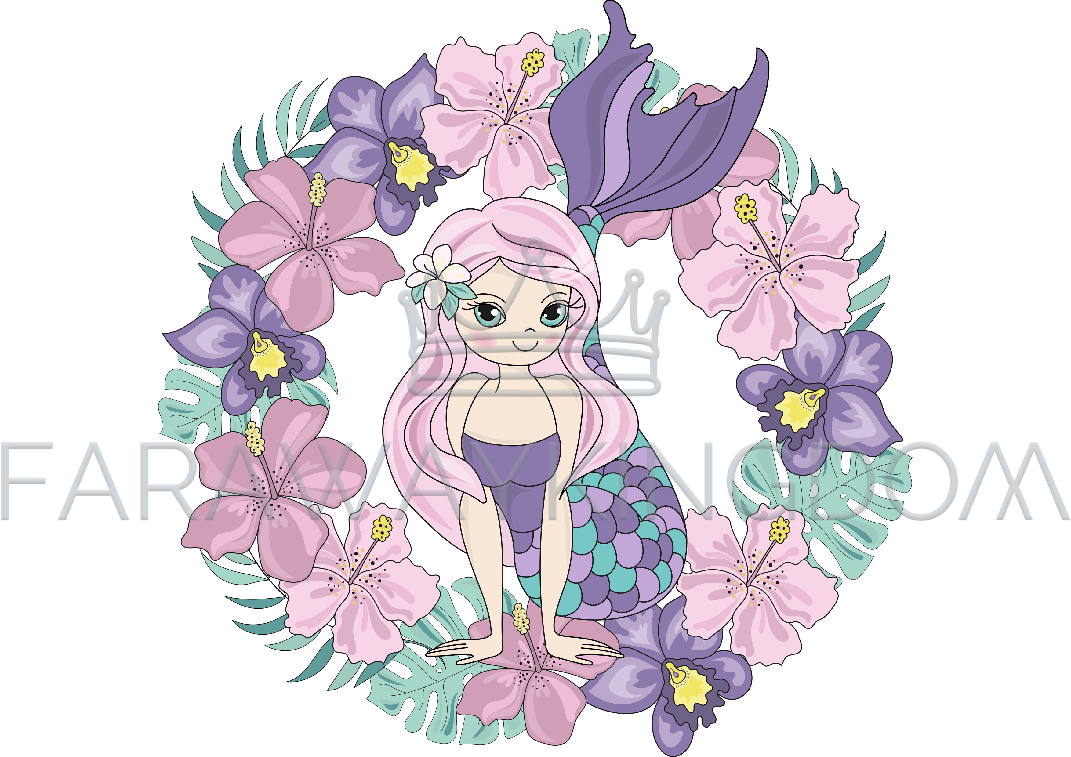 3508x2480 Mermaid Flower Tropical Floral Wreath Vector Illustration Set
