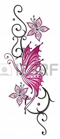 195x450 Floral Tribal With Butterfly In Black And Pink Tattoos Tattoos