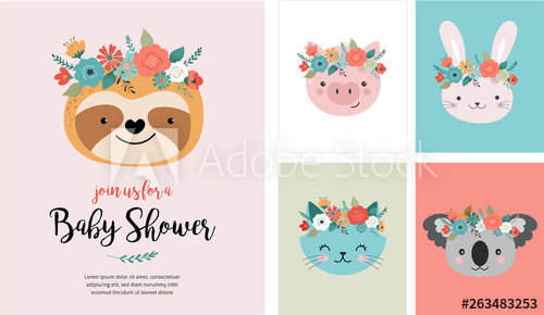 500x290 Cute Animals Heads With Flower Crown, Vector Illustrations