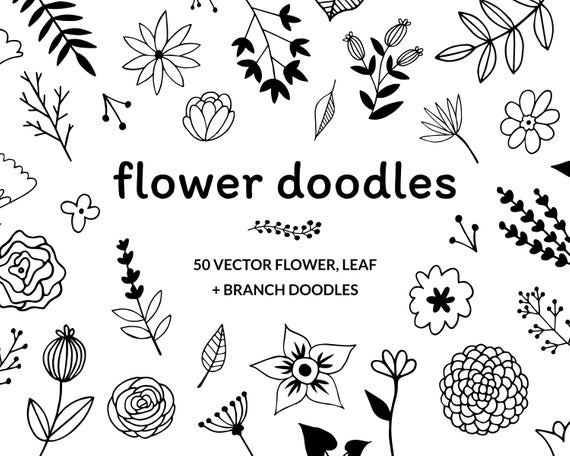 570x456 Set Of Flower Plant Doodle Vector Black And White Etsy
