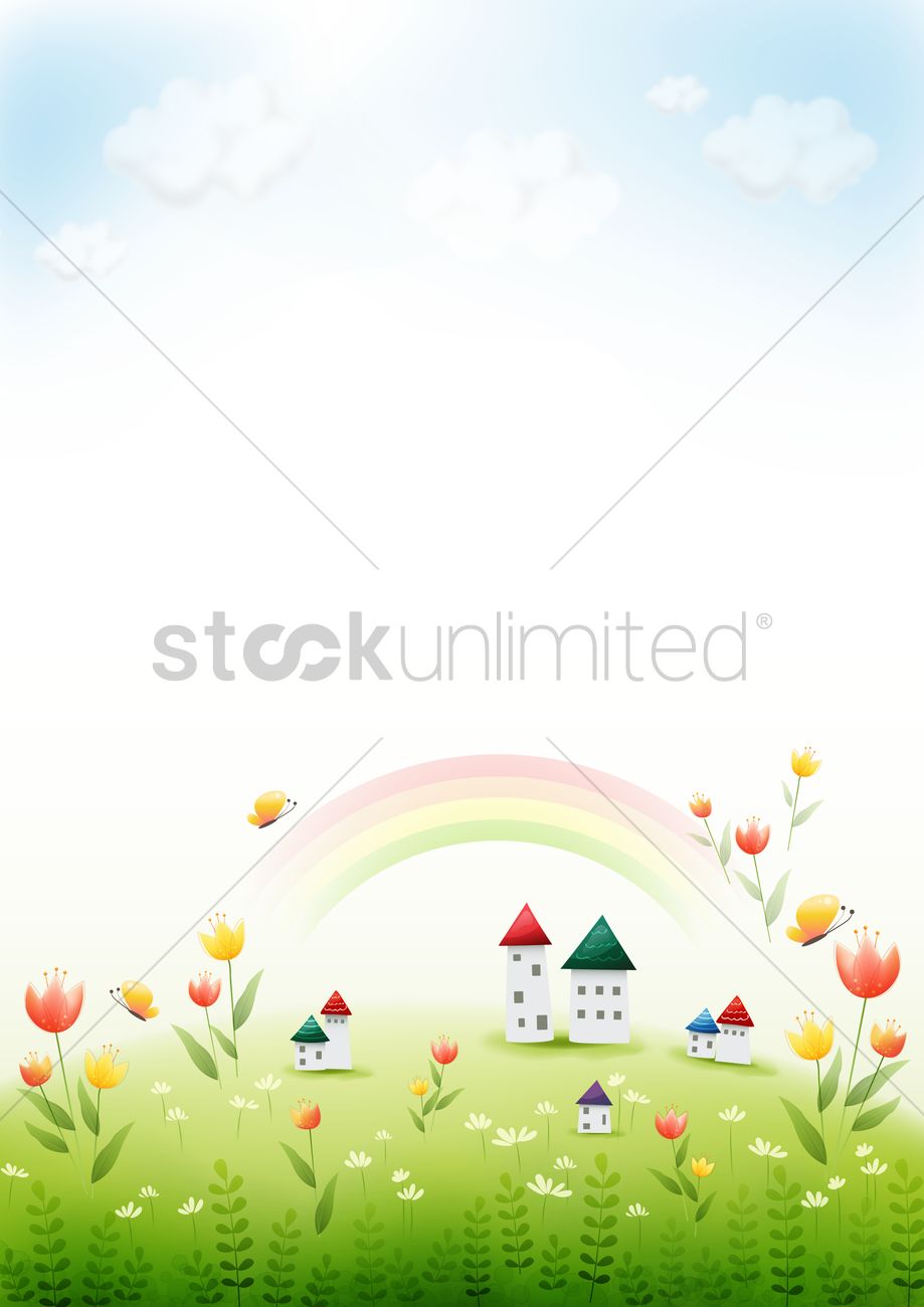 919x1300 Houses In A Flower Field Vector Image