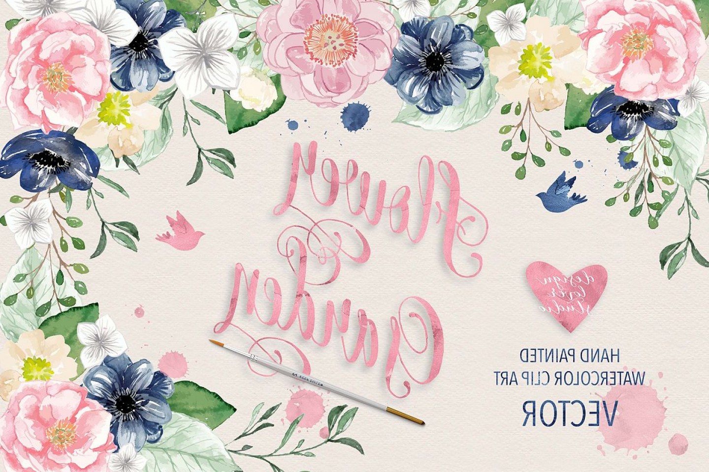 1440x960 Vector Watercolor Navy Blue And Pink Flower Garden Clipart Cqrecords