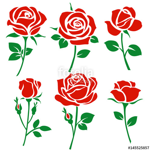 500x500 Set Of Decorative Red Rose Silhouette With Green Leaves Vector