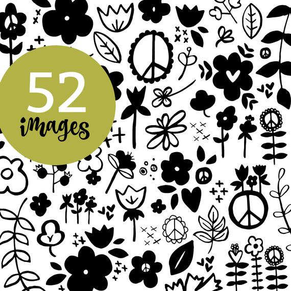 570x570 Flower Power Vector Elements Black Pack Hand Drawn Etsy