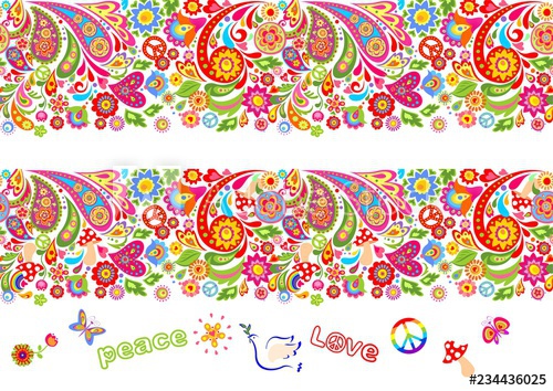 500x354 Vivid Floral Colorful Seamless Borders With Hippie Symbol, Flower