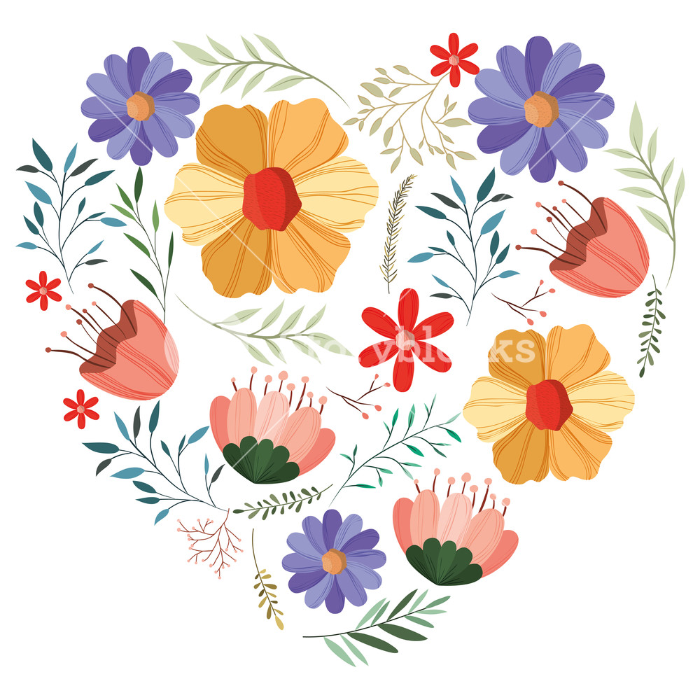 1000x1000 Flowers And Leafs Garden With Heart Shape Vector Illustration