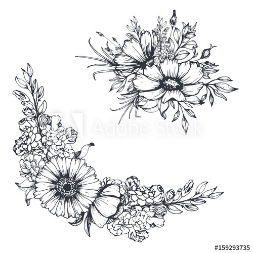 Vector Hand Drawn Flowers Sketch Floral Bouquet And Border All 500x500 Vector Hand Drawn Flowers Sketch Floral Bouquet And Border All