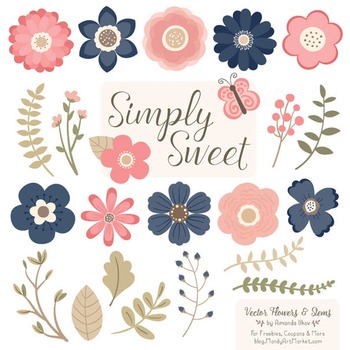 Simply Sweet Vector Flowers Stems Clipart In Navy Blush 350x350 Simply Sweet Vector Flowers Stems Clipart In Navy Blush