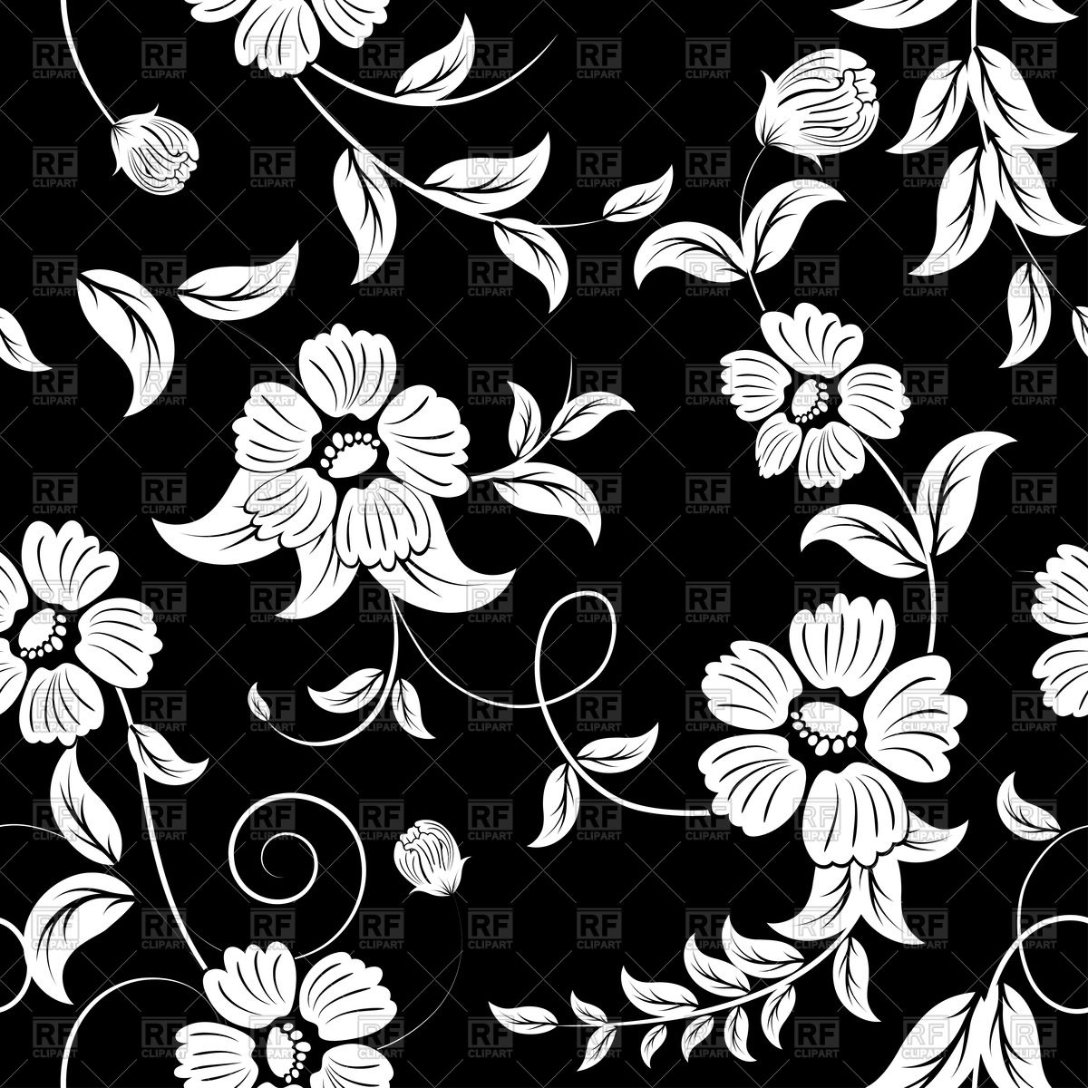 Seamless Black Floral Pattern With White Flowers Vector Image 1200x1200 Seamless Black Floral Pattern With White Flowers Vector Image