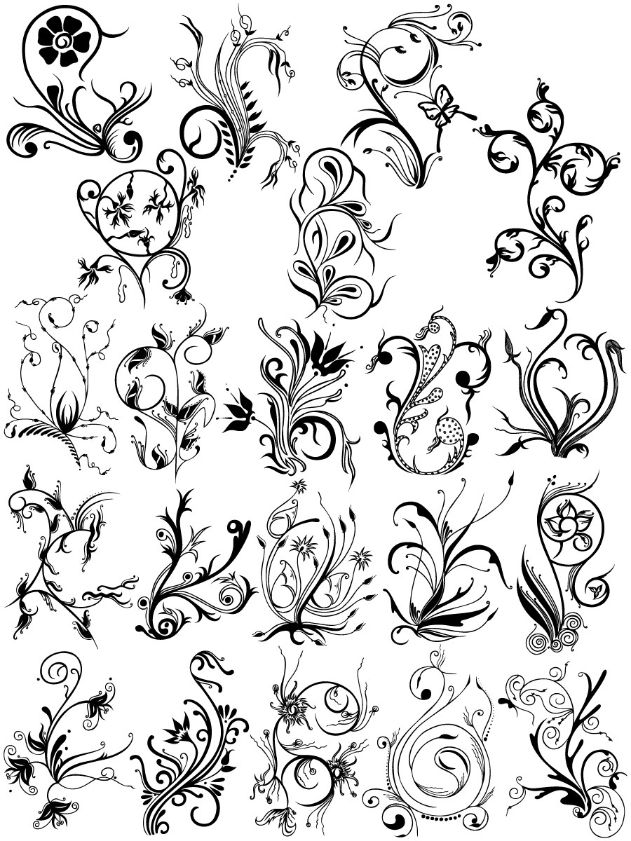 900x1200 Hand Drawn Decorative Floral Vector Brush Pack