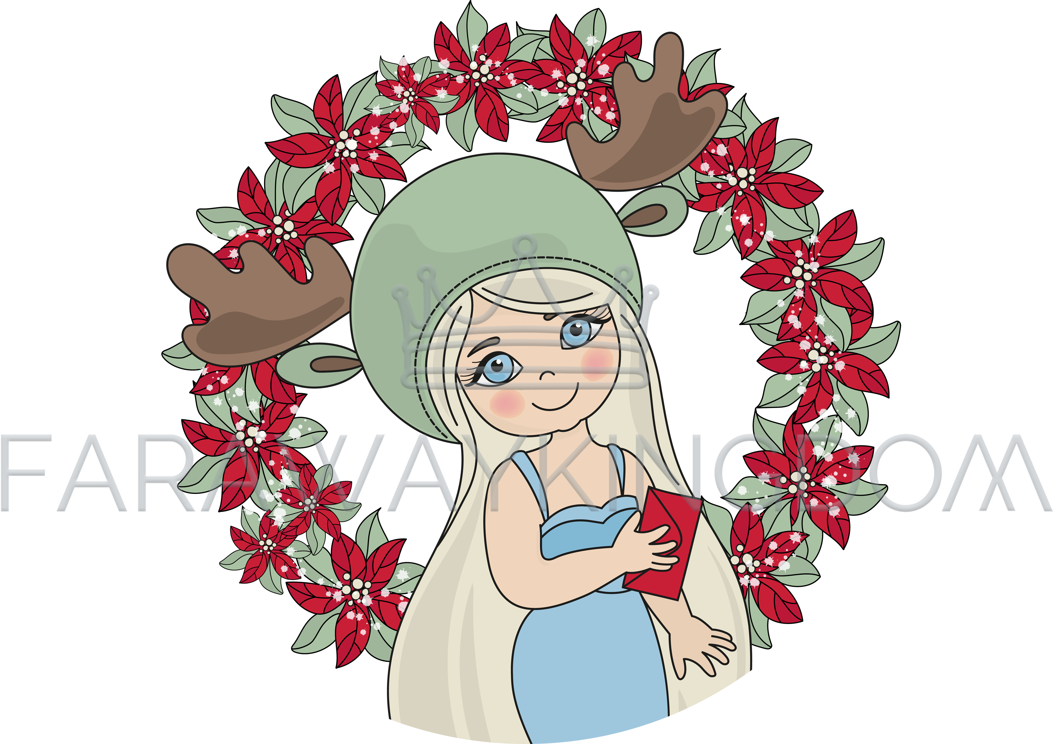 3508x2480 Christmas Girl Portrait Flower Wreath Vector Illustration Set