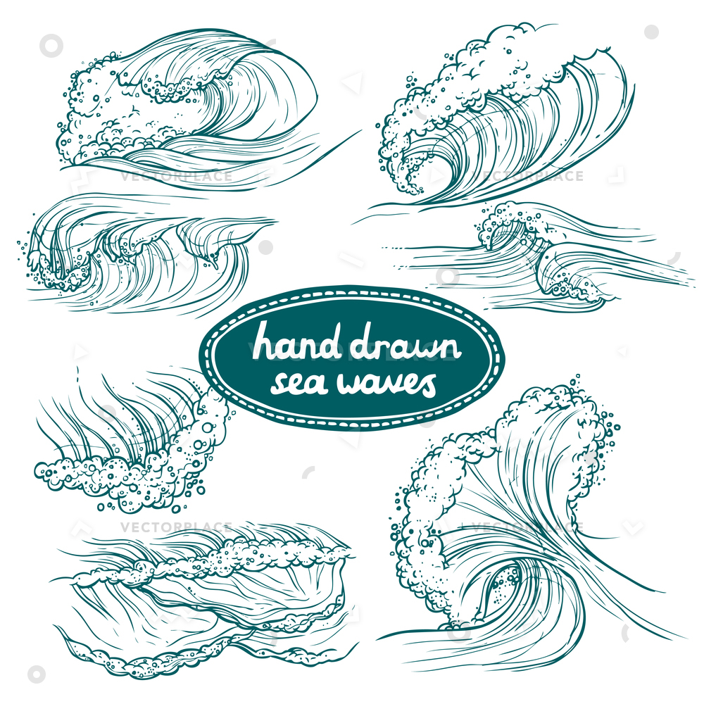 1000x1000 Waves Flowing Water Hand Drawn Sea Vector Illustration