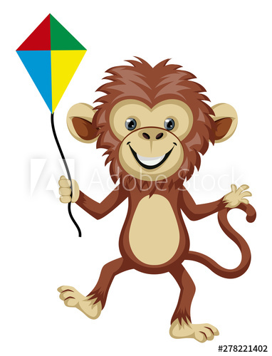 382x500 Monkey Playing With Flying Kite, Illustration, Vector On White