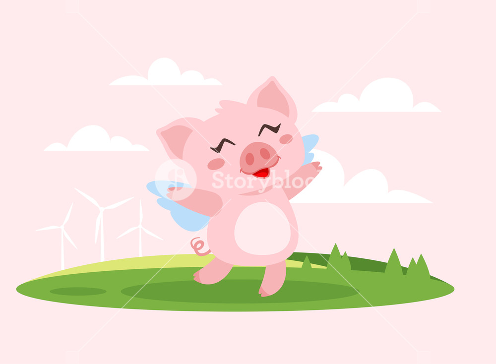 1000x734 Vector Cartoon Style Illustration Of Cute Pink Flying Pig
