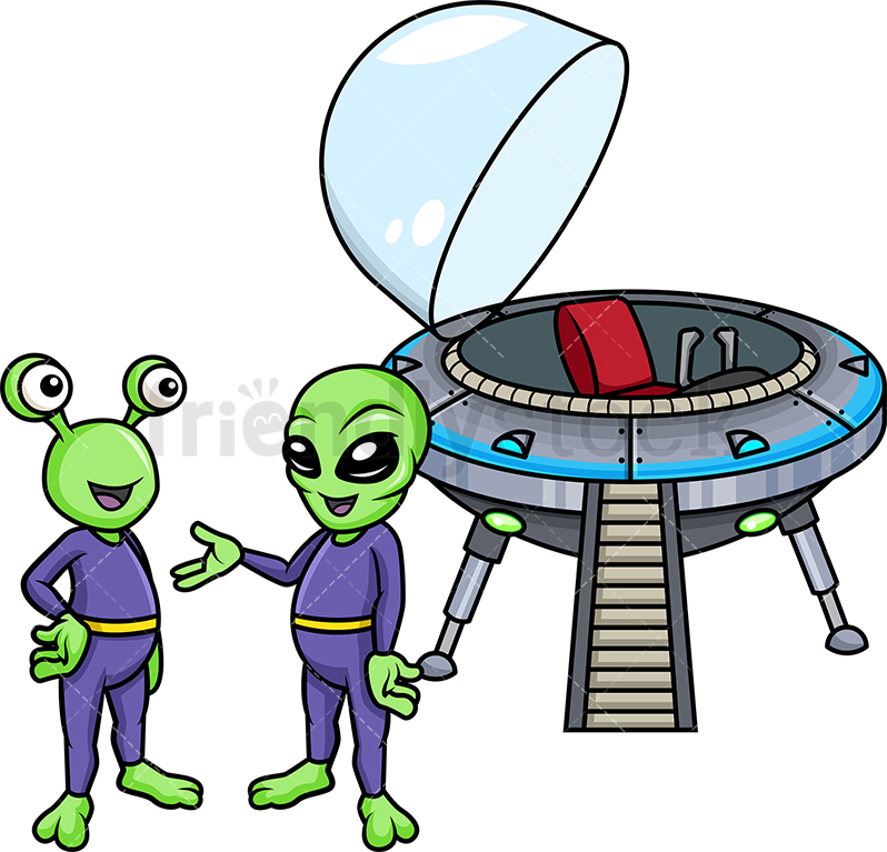 798x767 Aliens Talking Next To Flying Saucer Cartoon Vector Clipart