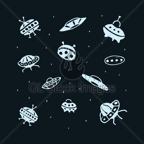 500x500 Vector Set Of Hand Drawing Ufo Flying Saucer Gl Stock Images