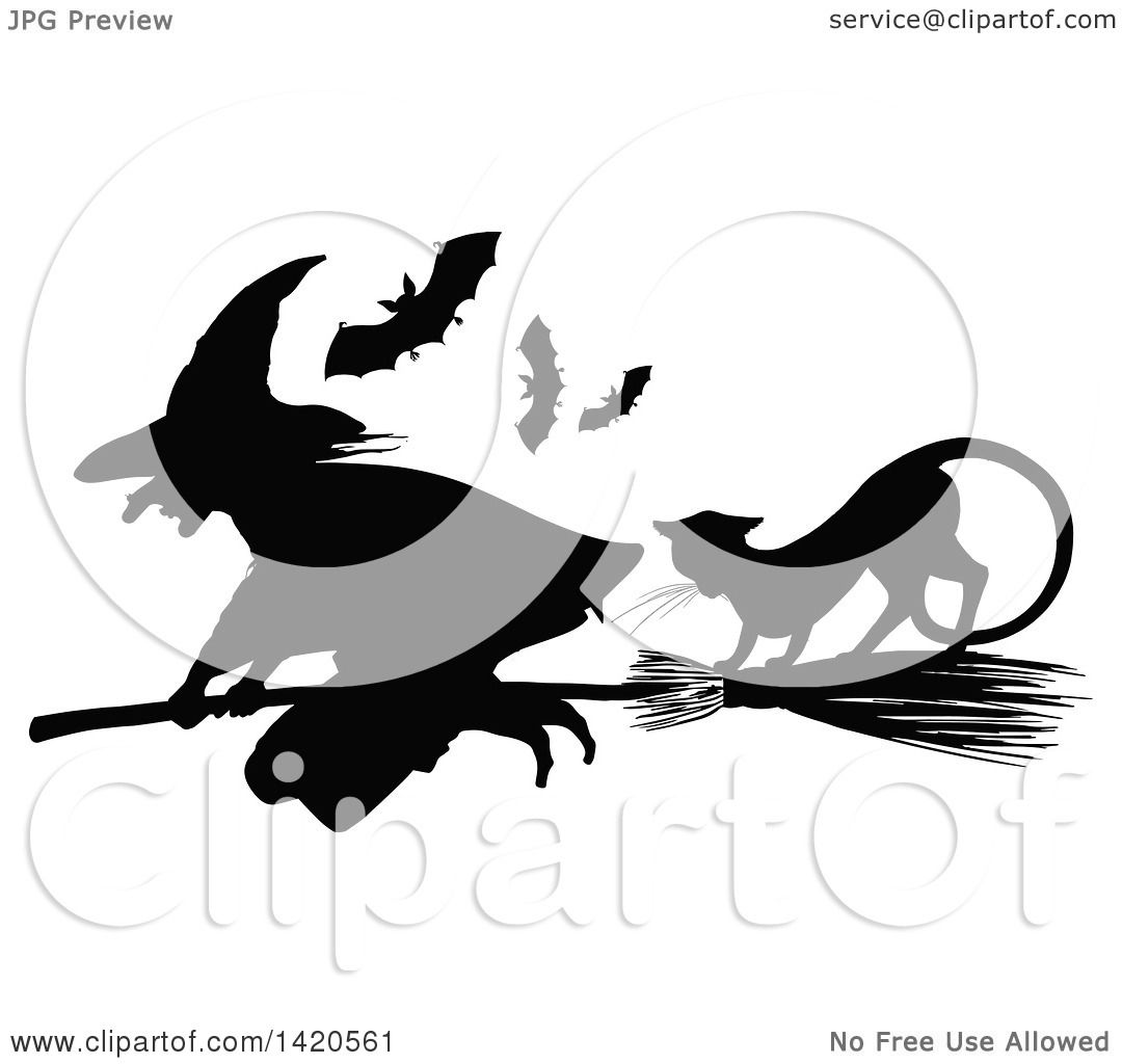 1080x1024 Clipart Of A Black And White Silhouetted Cat, Bats And Flying