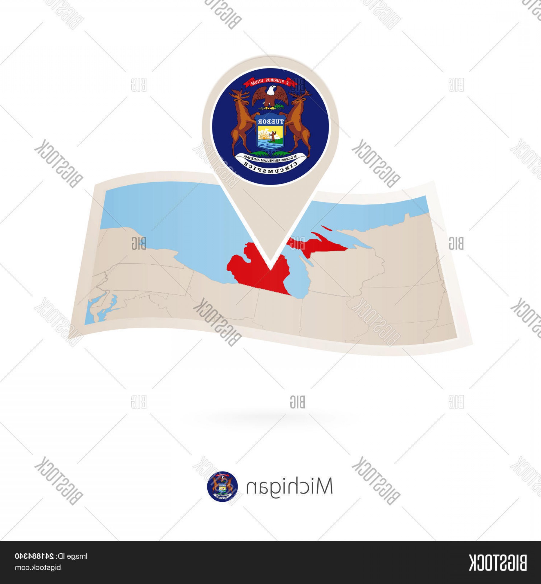1800x1944 Stock Vector Folded Paper Map Of Michigan U S State With Flag Pin
