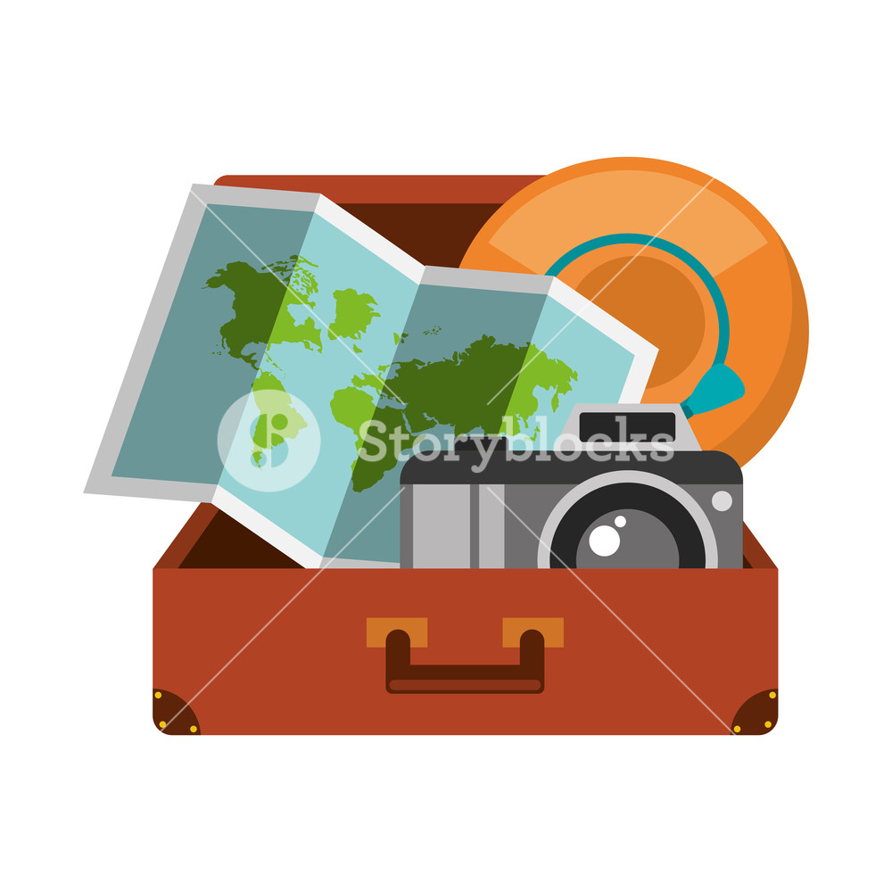 1000x1000 Suitcase With Folded Map Camera And Hat Inside Vector Illustration