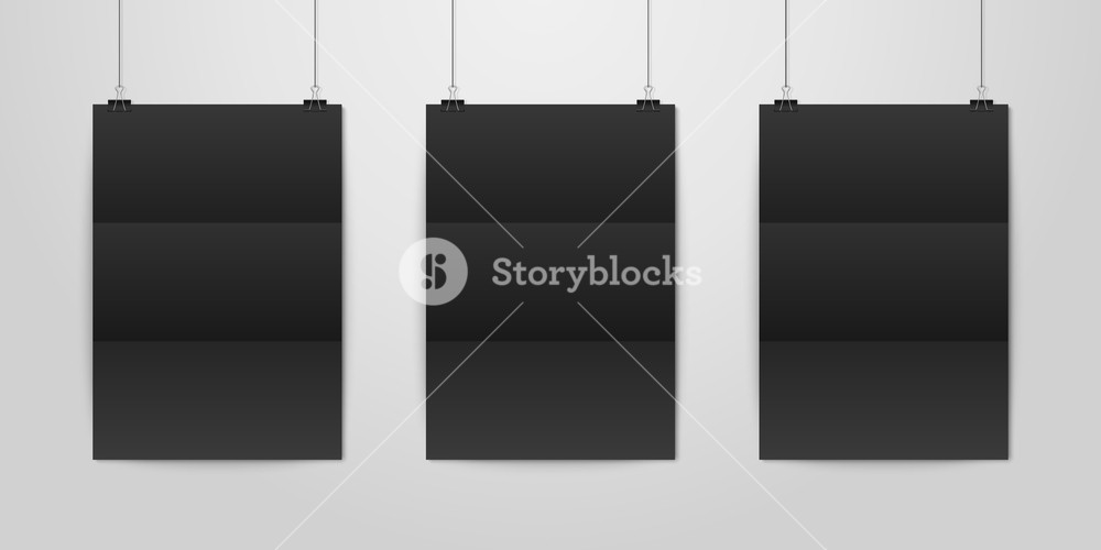 1000x500 Three Vector Realistic Black Blank Vertical Folded Paper Poster