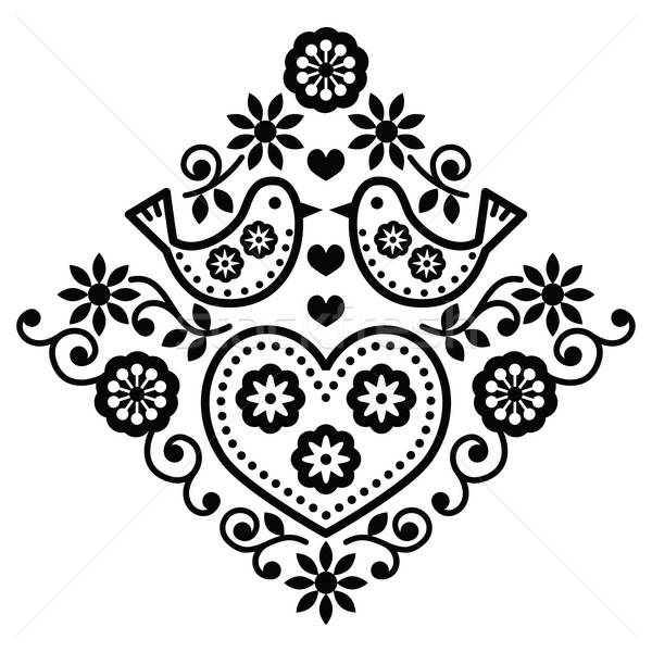 600x600 Folk Art Floral Black Vector Pattern With Birds Vector
