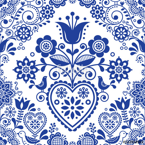 500x500 Seamless Folk Art Vector Pattern With Birds And Flowers