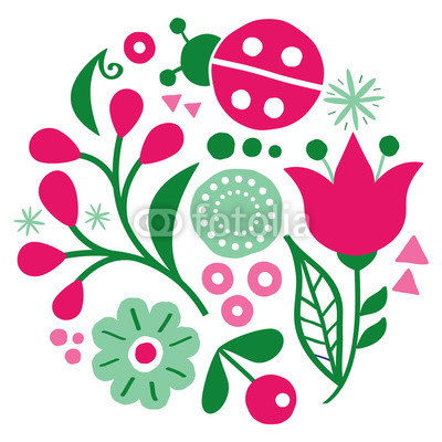 400x400 Floral Folk Art Vector Design, Happy Green And Pink Pattern