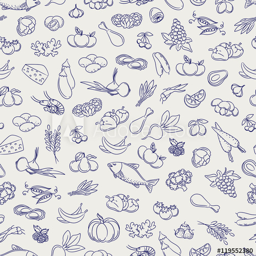 500x500 Food Seamless Pattern Hand Drawn Vegetable Fruits Berries