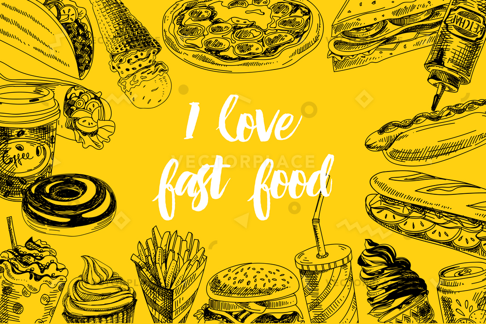 1000x667 Hand Drawn Fast Food Vintage Style Vector Illustration