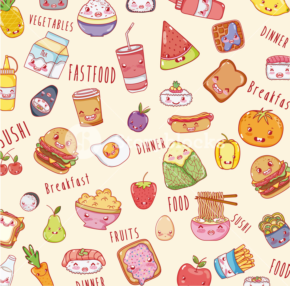 1000x987 Cute Food Background Kawaii Cartoons Vector Illustration Graphic