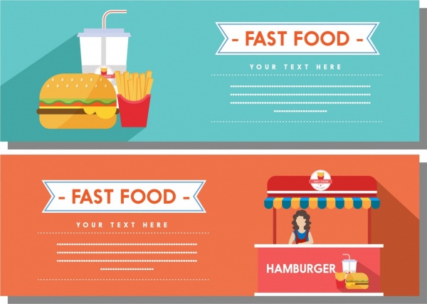 600x427 Fast Food Banner Sets Colored Food Shop Decoration Free Vector