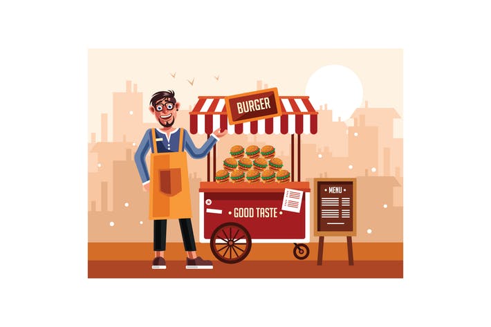 710x473 Download Burger Street Food Cart With Seller Vector Illustration