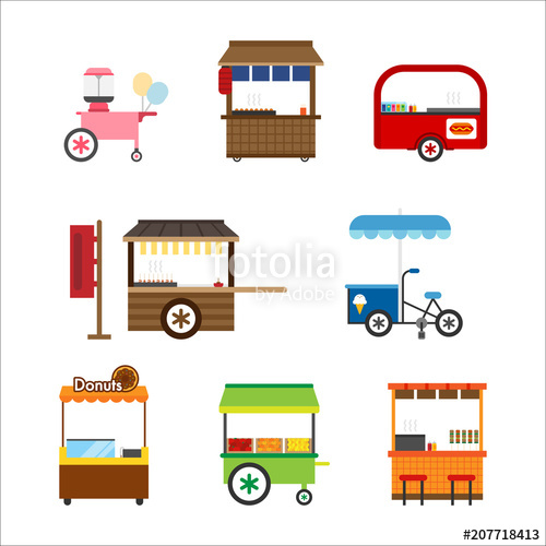 500x500 Various Kind Of Street Food Cart Vector Flat Graphic Design