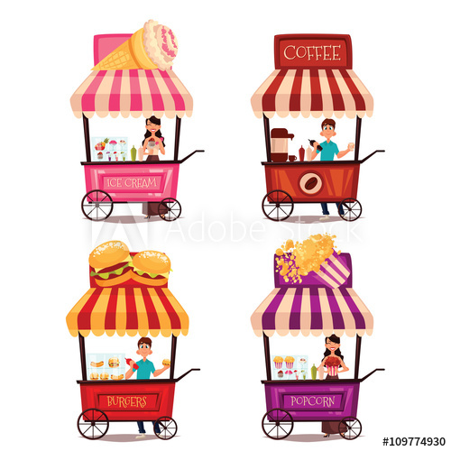 500x500 Fast Food Cart, Vector Cartoon Set Isolated On A White Background